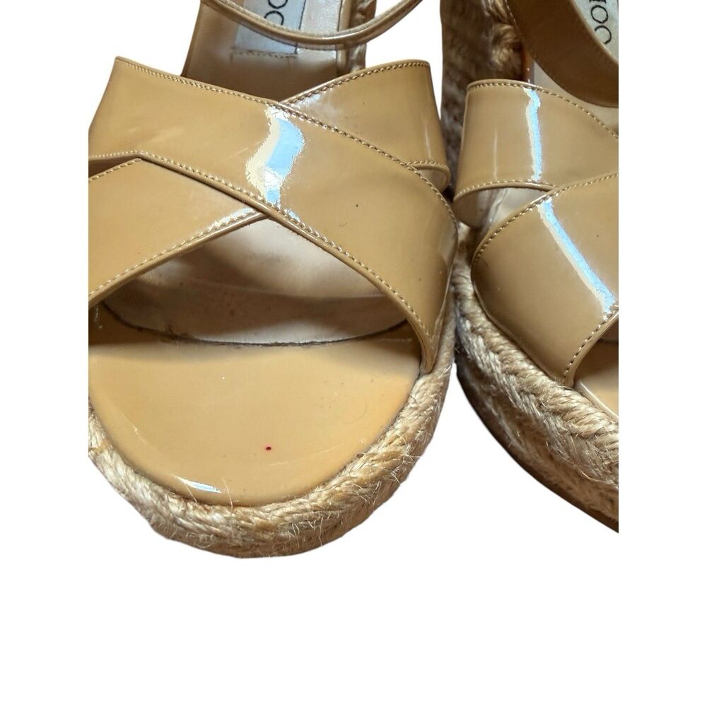 Jimmy Choo Sz 38 Beige Patent Leather Ankle Strap Wedges Strappy - Picture 8 of 14